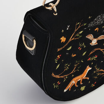 Fox And Owl Embroidered Black Top Handle Saddle Bag, 7 of 8