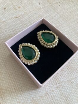 Emerald Green Gold Pearl Stud Earrings, 2 of 7