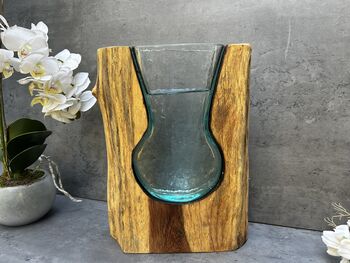 Huge Heavy 31cm Molten Glass Wedge Vase On Teak Root Flower Holder, 4 of 12