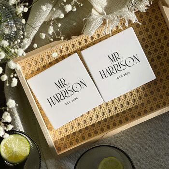 Personalised Mr And Mrs Ceramic Coaster Set For Couples, 7 of 10