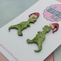 Christmas T Rex Dinosaur Santa Hat Glitter Earrings, thumbnail 4 of 4