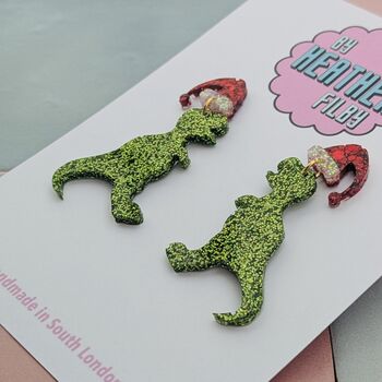 Christmas T Rex Dinosaur Santa Hat Glitter Earrings, 4 of 4