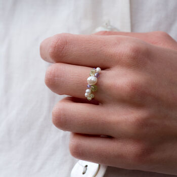 Peridot, Zircon And Baroque Pearls Adjustable Ring, 3 of 11