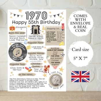 55th Birthday Card With 1970 Coin And Envelope Choose Your Colour, 2 of 3
