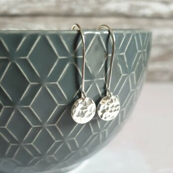 Hammered Disc Drop Silver Earrings, 3 of 4