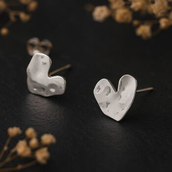 Sterling Silver Hammered Heart Stud Earrings, 6 of 6