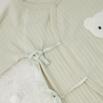 Personalised Light Sage Snow Bear Boucle Wrap Romper, 3 of 4
