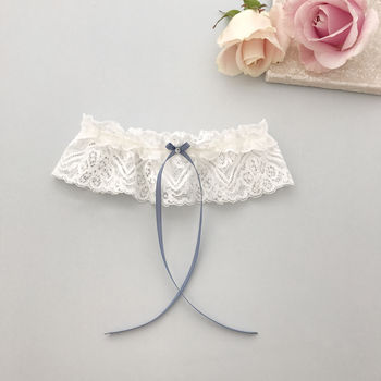 Lace Wedding Garter With Something Blue Bow And Crystal, 2 of 12
