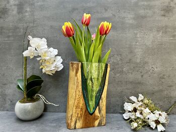 26cm V Shaped Molten Glass Vase On Teak Root – Handmade Wooden, 10 of 12