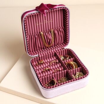 Personalised Lilac And Fuchsia Velvet Bow Square Travel Jewellery Case, 3 of 4