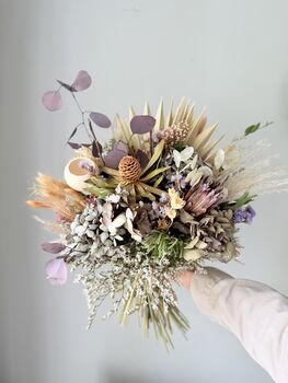 Dried Hydrangea Protea Bouquet With Palm Spear And Eucalyptus, 3 of 5