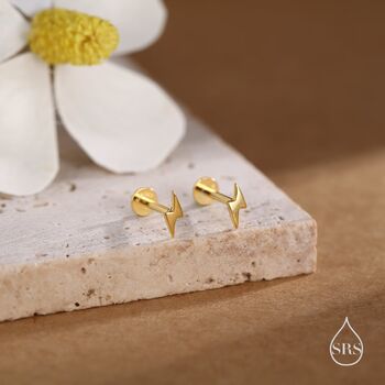 Tiny Lightning Bolt Internally Threaded Flat Back Earrings In Sterling Silver, 2 of 12
