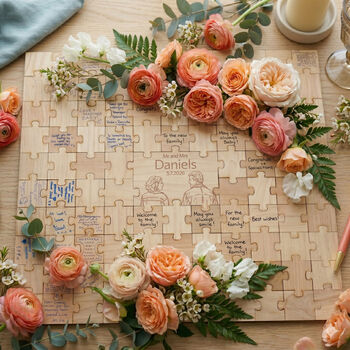 Wooden Jigsaw Photo Drawing Alternative Wedding Guest Book, 5 of 12