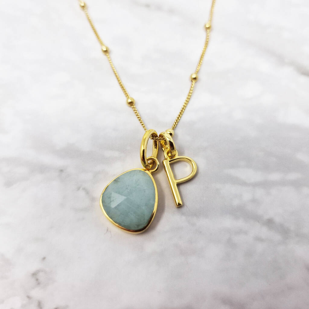 18ct Gold Vermeil Plated Aquamarine Initial Necklace By Harfi