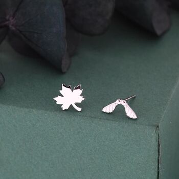 Mismatched Maple Seed And Maple Leaf Stud Earrings In Sterling Silver, 4 of 12