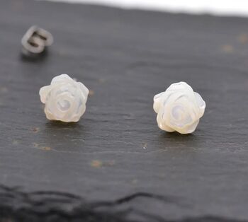 Hand Carved Mother Of Pearl Rose Flower Stud Earrings, 4 of 9