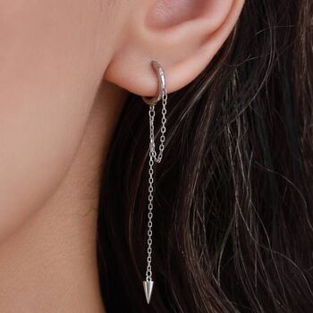 Sterling Silver Dangling Spike Chain Huggie Hoop Earrings, 3 of 10