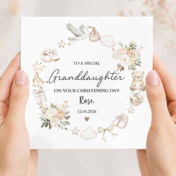 Neutral Great Granddaughter Christening Card, Giraffe Bear Baptism Card, Any Relationship, 2 of 5