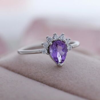 Genuine Pear Cut Amethyst Purple Crown Ring, 4 of 11