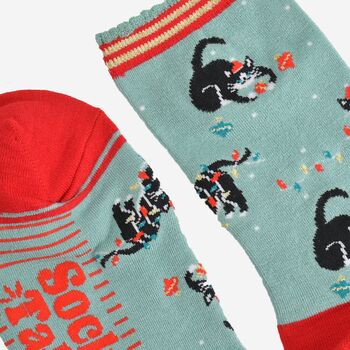 Women's Bamboo Socks Green Red Christmas Cats, 4 of 5