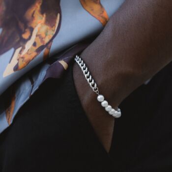 Pearl Bracelet For Men, Half Pearl Half Cuban Chain, 2 of 11