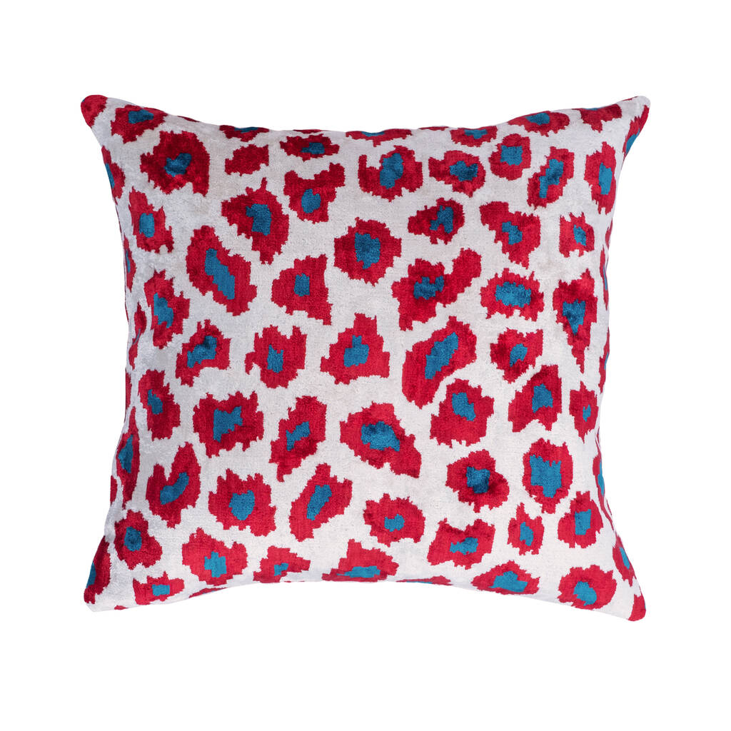 Leopard Patterned Ikat Velvet Cushion Covers with Red & Blue Colours, Front side is 100% buy Silk Velvet, Back side is Soft Red Fabric, OEKO-TEX