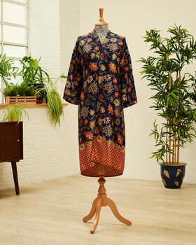 Midnight Blue Silk Blend Kimono Dressing Gown, 4 of 4