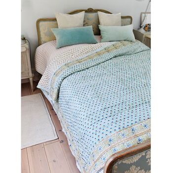 Turquoise Floral Indian Block Printed Cotton Bed Quilt, 5 of 5