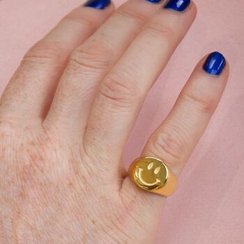 Smiley Gold Plated Stainless Steel Chunky Signet Ring, 3 of 4
