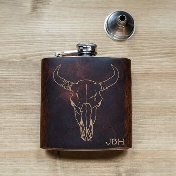 Personalised Bison Skull Leather Hip Flask, 2 of 6