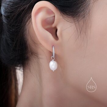 Genuine Pearl Cz Huggie Hoop Earrings Sterling Silver, 6 of 12