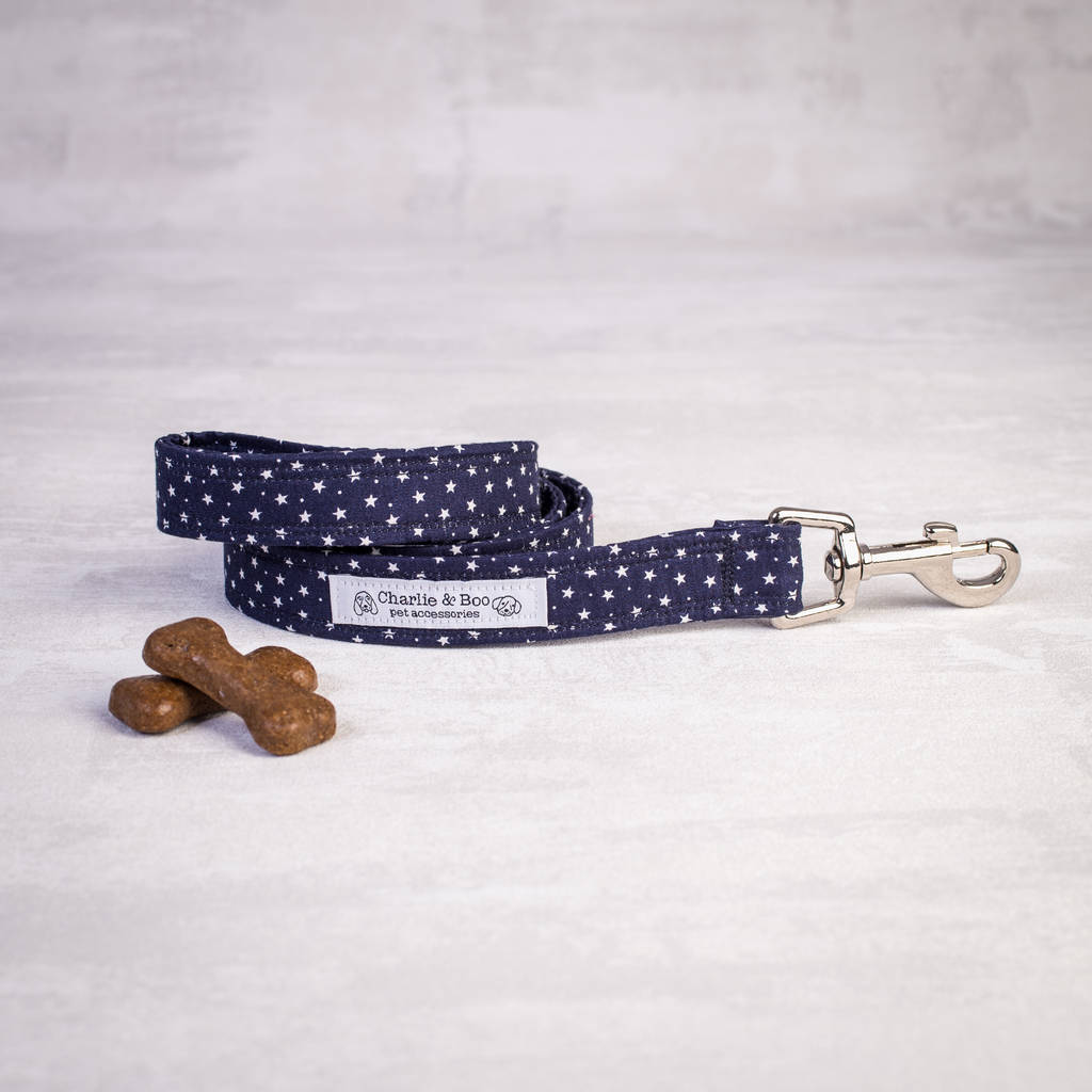 navy star dog collar and lead for girl or boy dogs by charlie and boo