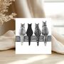 Four Cats On Fence – Hand Drawn Greeting Card Illustration, thumbnail 1 of 6