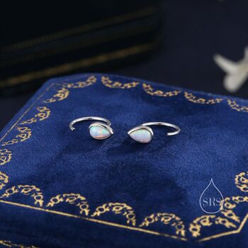 Sterling Silver White Opal Droplet Opal Huggie Hoop Earrings, 2 of 11
