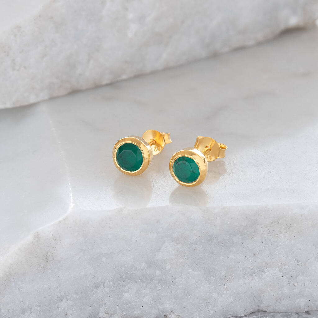 Birthstone Stud Earrings May: Emerald Gold Vermeil By Lime Tree Design