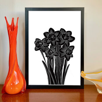 Daffodil Flowers Black And White Linocut Art Print, 4 of 5
