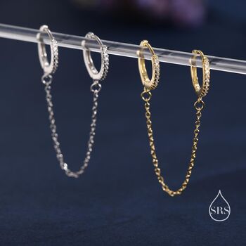 Cz Huggie Hoop Earrings With A Linking Chain, 5 of 12