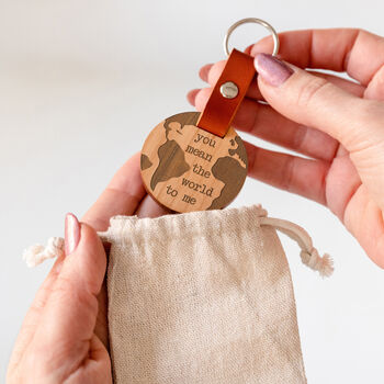 Engraved 'You Mean The World To Me' Wood Globe Keyring, 3 of 4