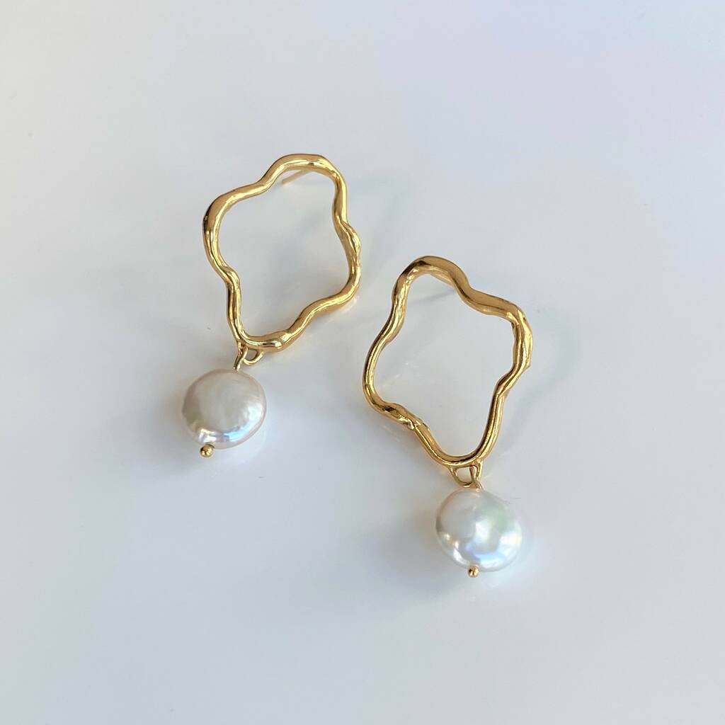 Wiggle Coin Pearl Pendant Earrings, 1 of 2