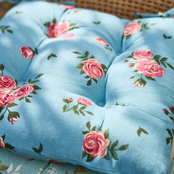 Set Of Two Tie On Blue Rose Seat Pads, 3 of 4