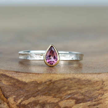 Teardrop Silver And Gold Pink Tourmaline October Birthstone Ring, 3 of 7