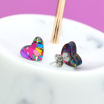 Pink Festival Confetti Love Heart Earrings Studs, 3 of 5