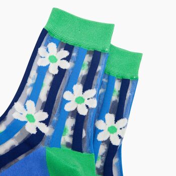 Daisy Stripes Combed Cotton Sheer Pop Socks In Green, 2 of 4
