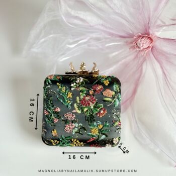Seville | Printed Silk Embellished Dark Green Clutch, 4 of 5