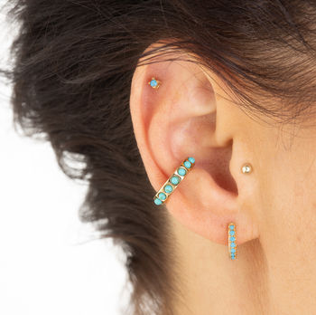Huggie Hoop Earrings With Turquoise Stones, 3 of 10