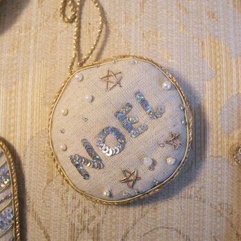 Luxury Irish Linen Festive Noel Bauble Christmas Tree Decoration, 3 of 7