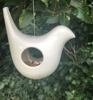 Hanging Frost Proof White Ceramic Bird Feeder, 2 of 4