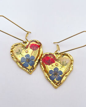 Real Blue Red Flowers Pendant Gold Leaf Earrings Hand Made, 3 of 9