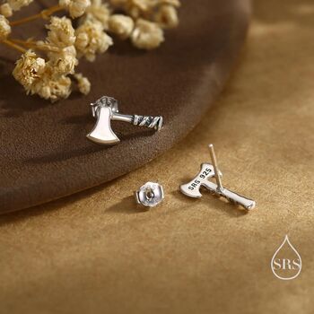 Sterling Silver Mismatched Viking Axe Stud Earrings, 3 of 12