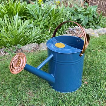 Pair Of Heritage Blue And Copper Watering Cans, 5 of 12